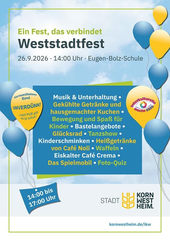 Westadtfest am 26.09.2026: Plakat mit Programm und Grafik mit blauen und gelben Ballons