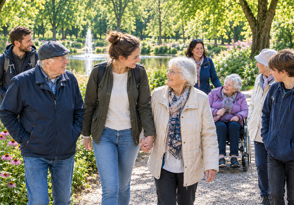 Junge und ältere Menschen beim gemeinsamen Spazierengehen im Stadtpark