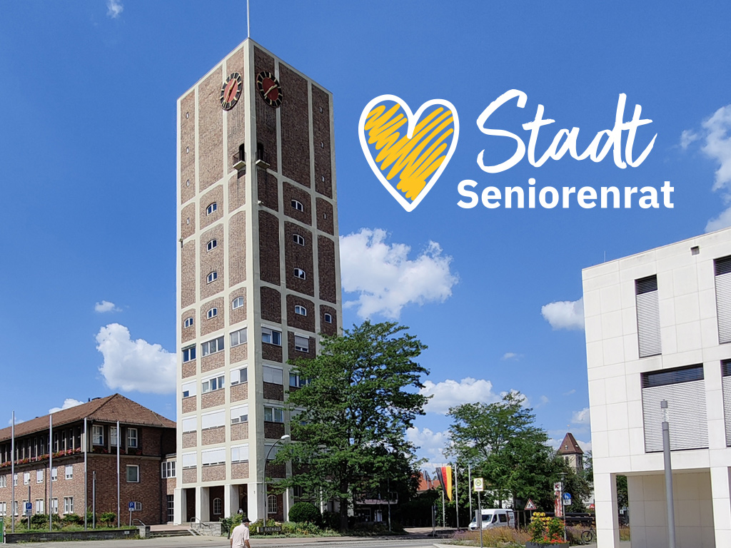 Logo Stadtseniorenrat mit Rathaus Kornwestheim im Hintergrund