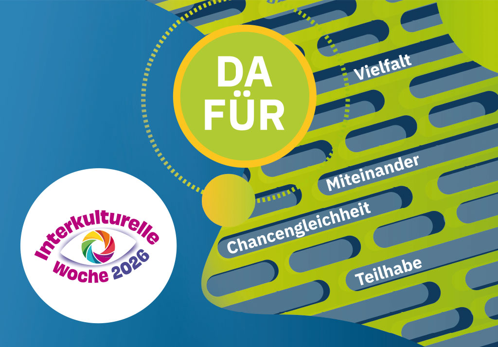 Grafik Interkulturelle Woche 2026: DAFÜR - Vielfalt, Miteinander, Chancengleichheit, Teilhabe