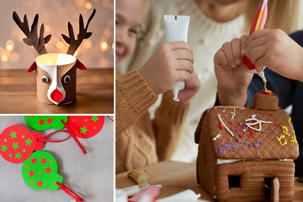 Selbst gemachte Weihnachtsdeko und Kinder, die ein Keks-Haus basteln