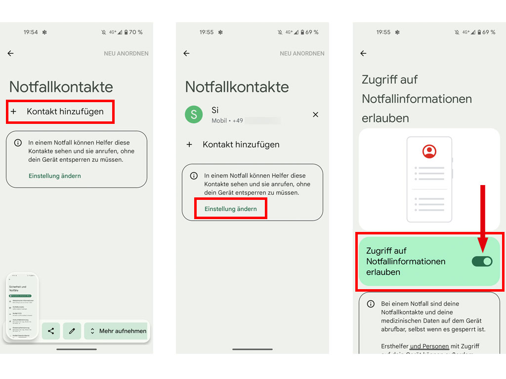 3 Screenshots mit Einstellhinweisen