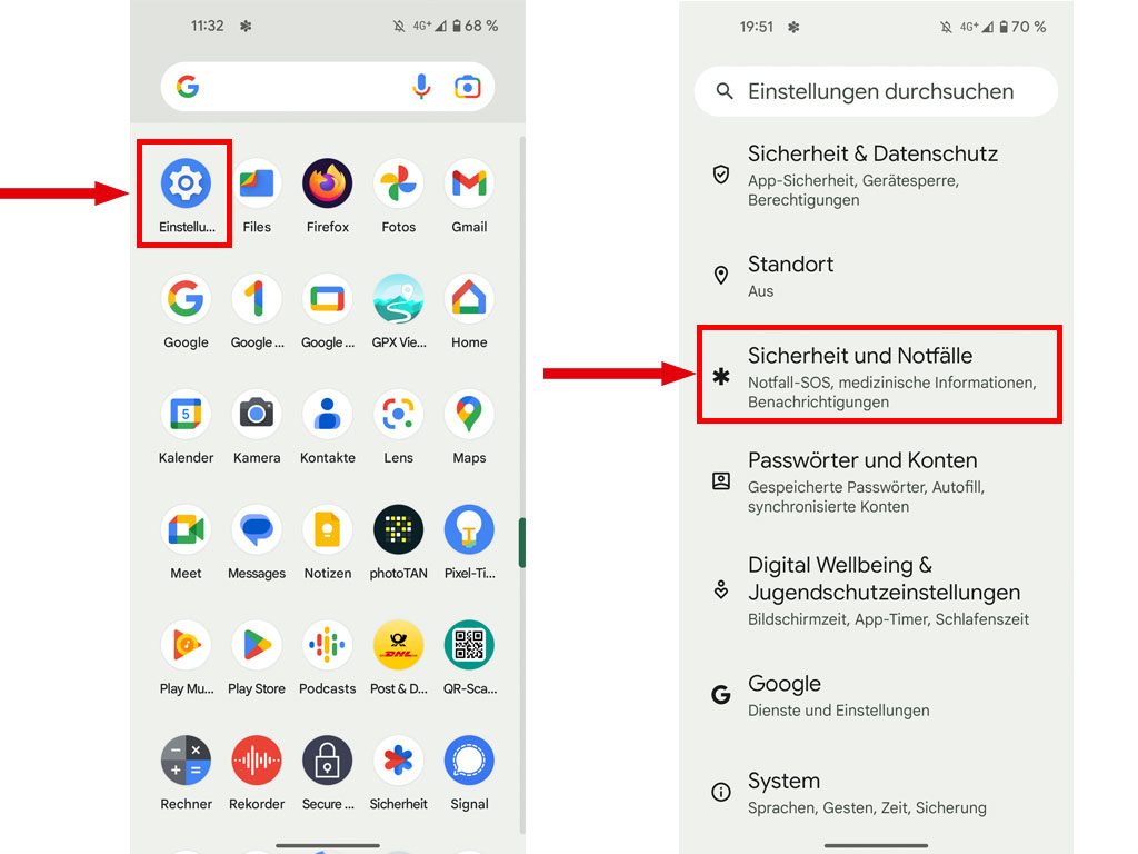 Zwei Screenshots des Handy im Bereich Einstellung